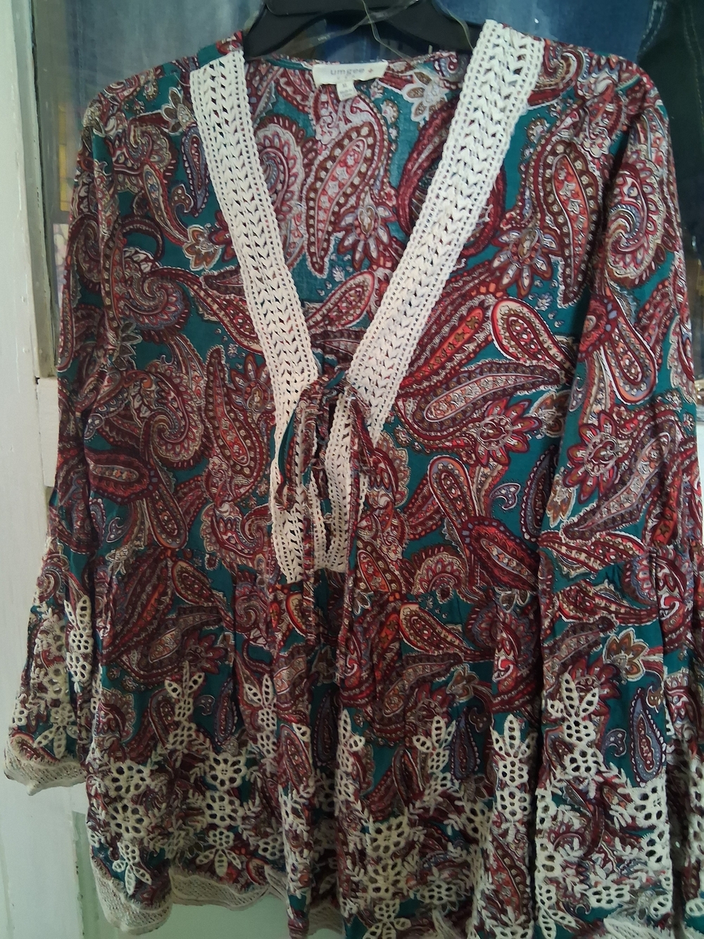 Umgee Teal & Burgundy Paisley Tie-Front Tunic with Cream Crochet Trim